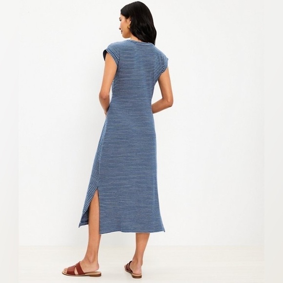 NWT Loft Striped Tie Waist V-Neck Midi Dress - 100% Cotton Blue Neutral - Picture 4 of 12